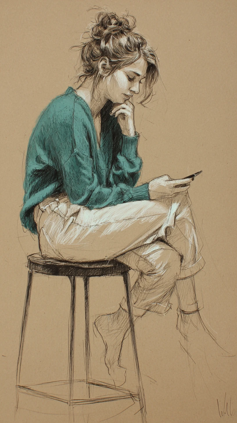 Pensive woman on high stool checking smartphone in pencil drawing