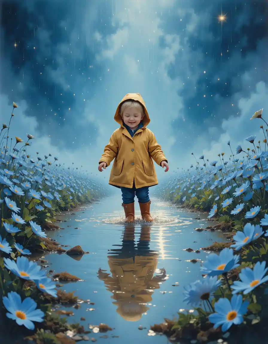 Joyful toddler in raincoat splashing in blue flower puddle