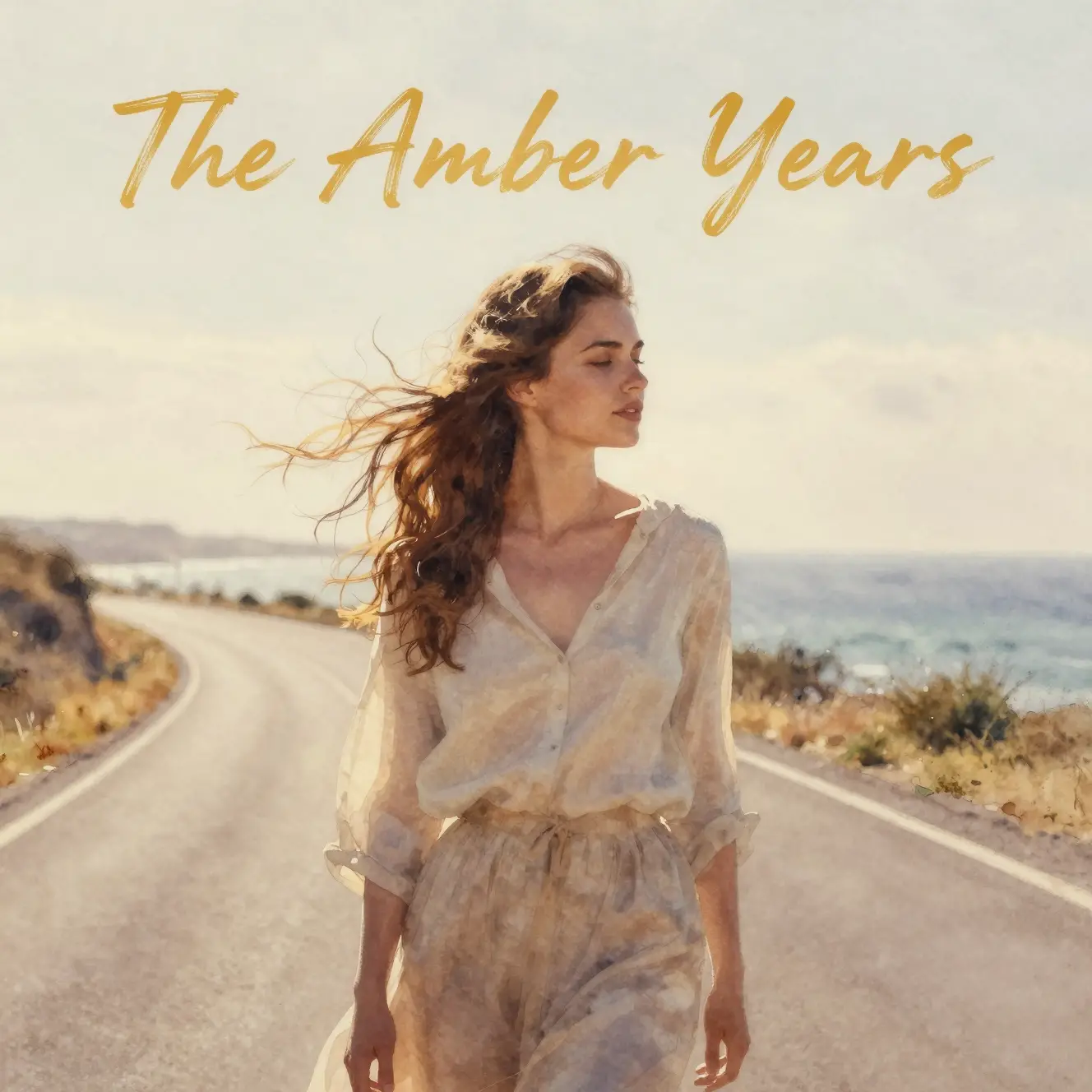 Young woman on a quiet coastal road in amber light