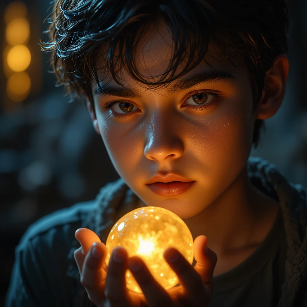 Chico adolescente deseando con una piedra mágica brillante en primer plano