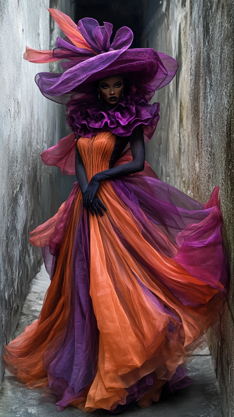 Tall couture figure in purple hat and flowing gown