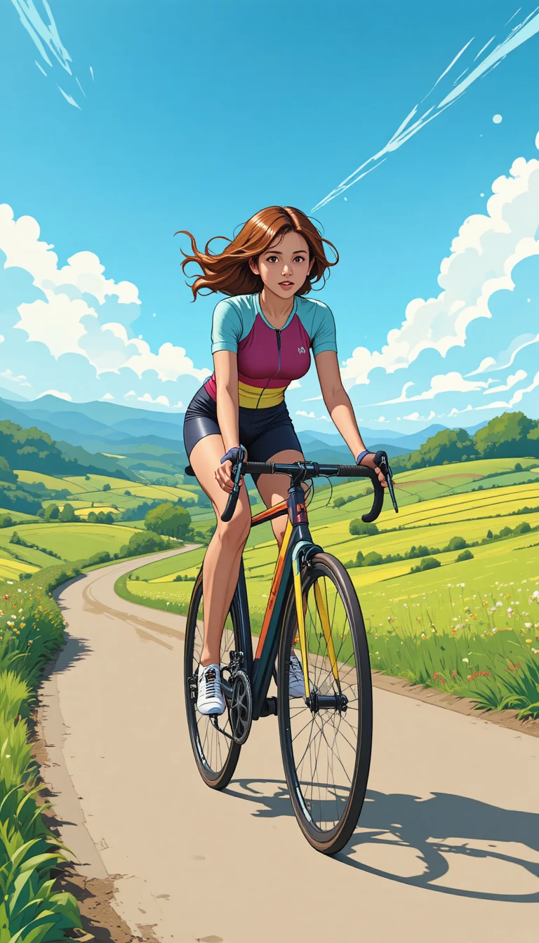 Woman cycling along a winding rural road in watercolor style