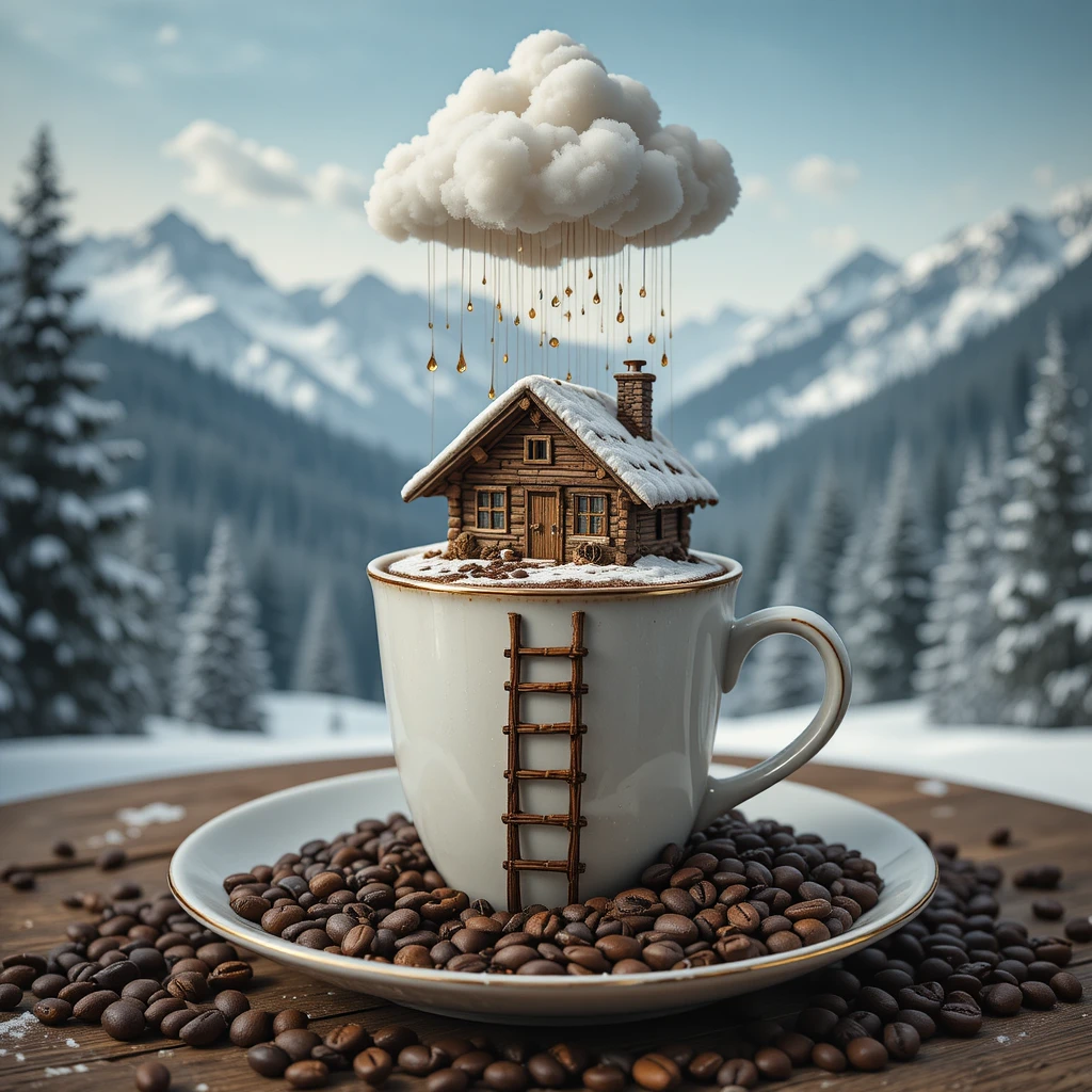 Mundo Surreal en una Taza de Café con Cabaña Nevada y Escalera