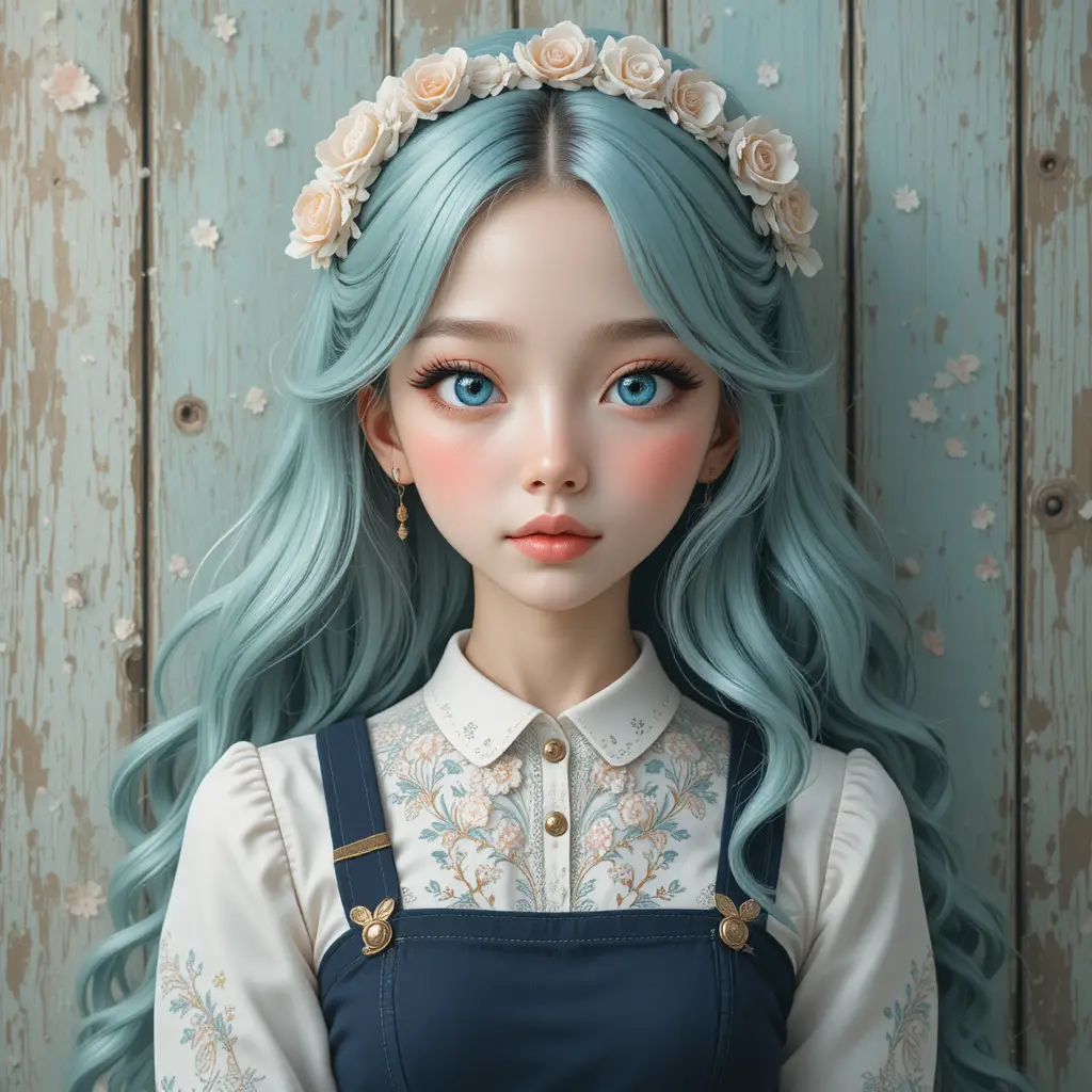 Mint haired anime girl in vintage floral outfit portrait