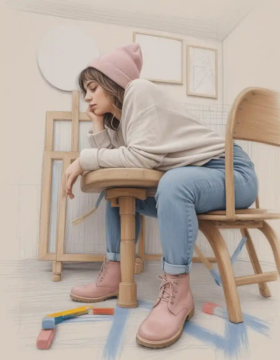 Tired young woman slumped across two office chairs