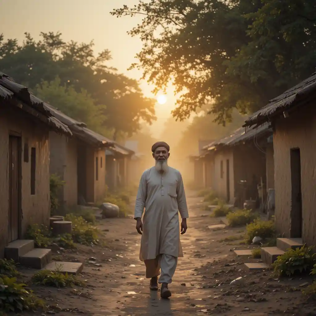 Muslim man walking through a peaceful rural village at sunrise