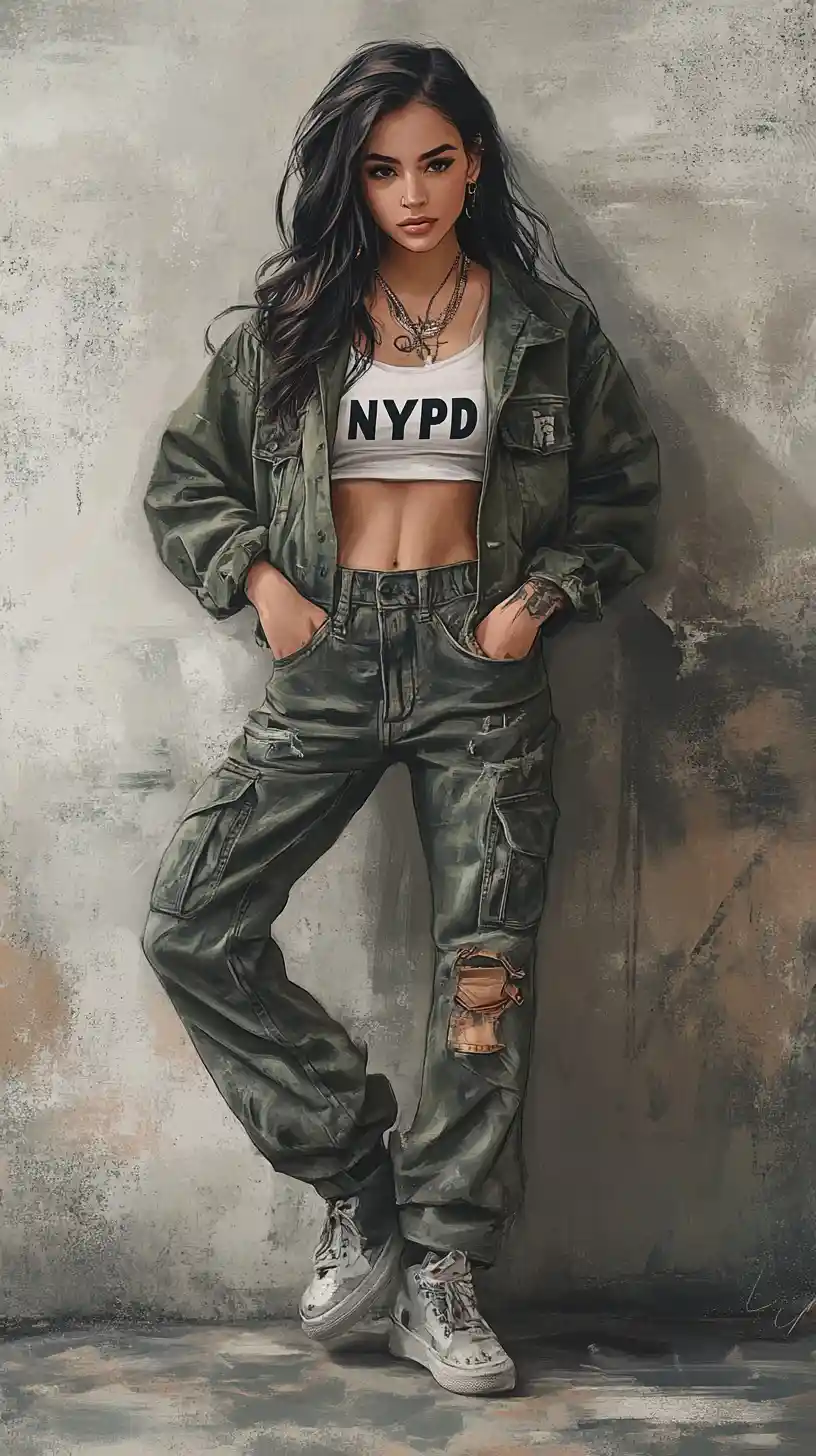 Young woman in urban streetwear leaning on concrete wall