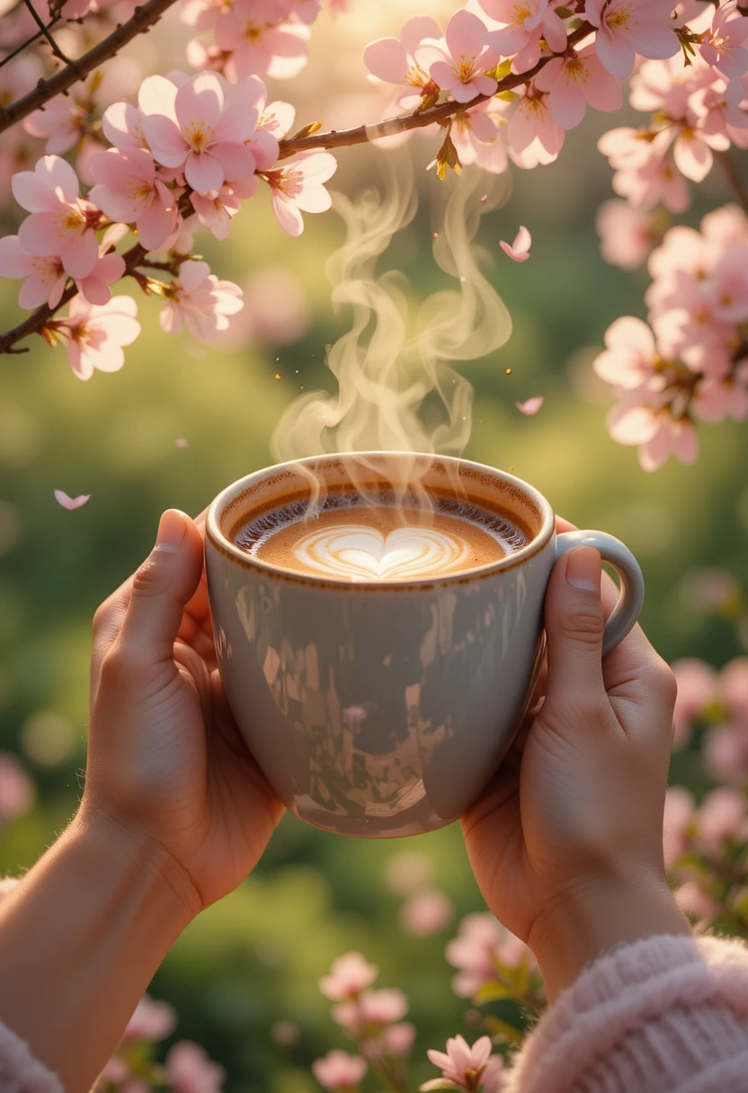 Manos sosteniendo café humeante bajo flores de primavera
