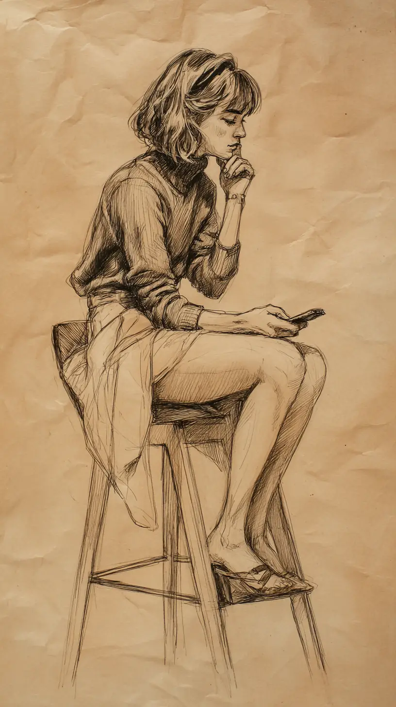 Pensive woman on stool with smartphone in minimalist room