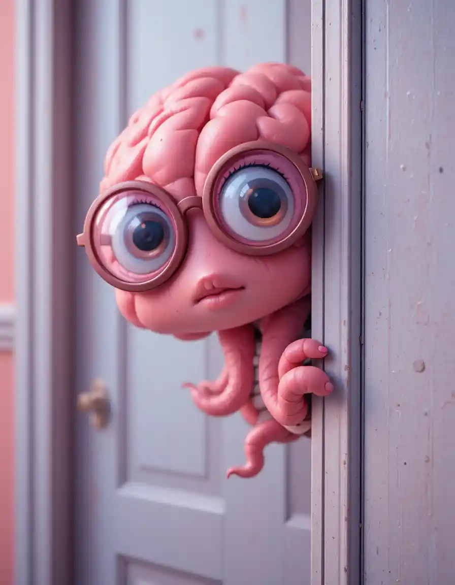 Cute brain creature peeking shyly from behind a door