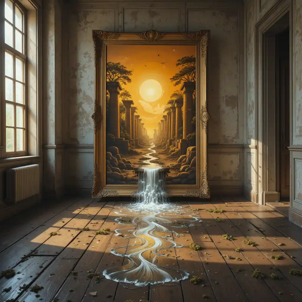 Sunlit old room with Egyptian portal painting and water