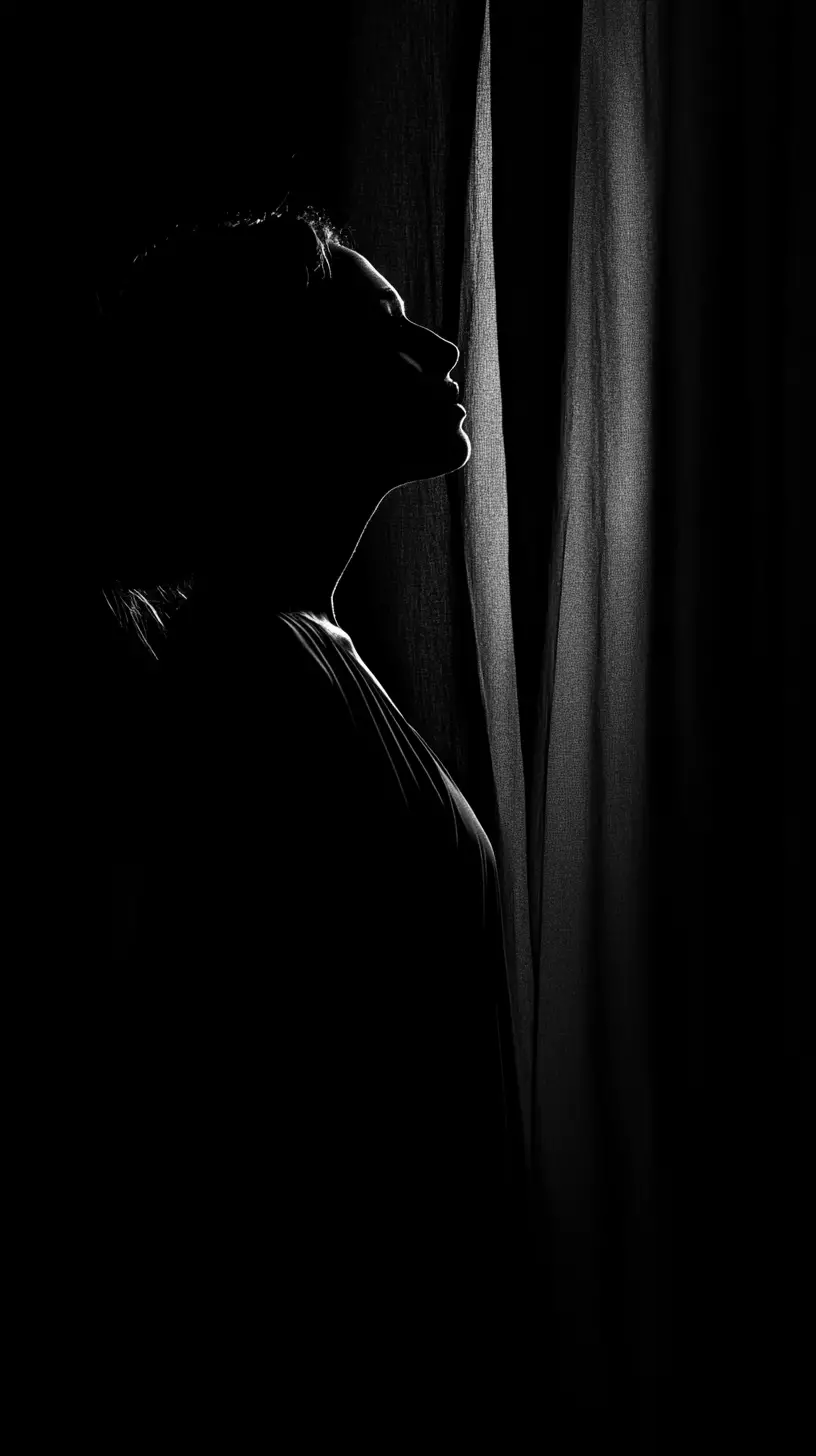 Faint silhouette of a woman emerging from dark background