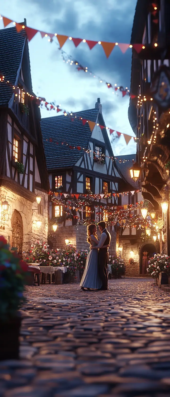 Romantic couple dancing in a medieval village square at dusk