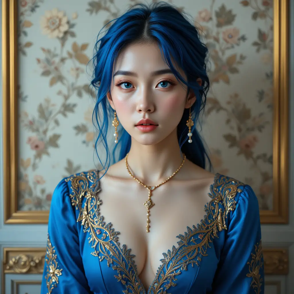 Blue haired girl in ornate sapphire dress portrait