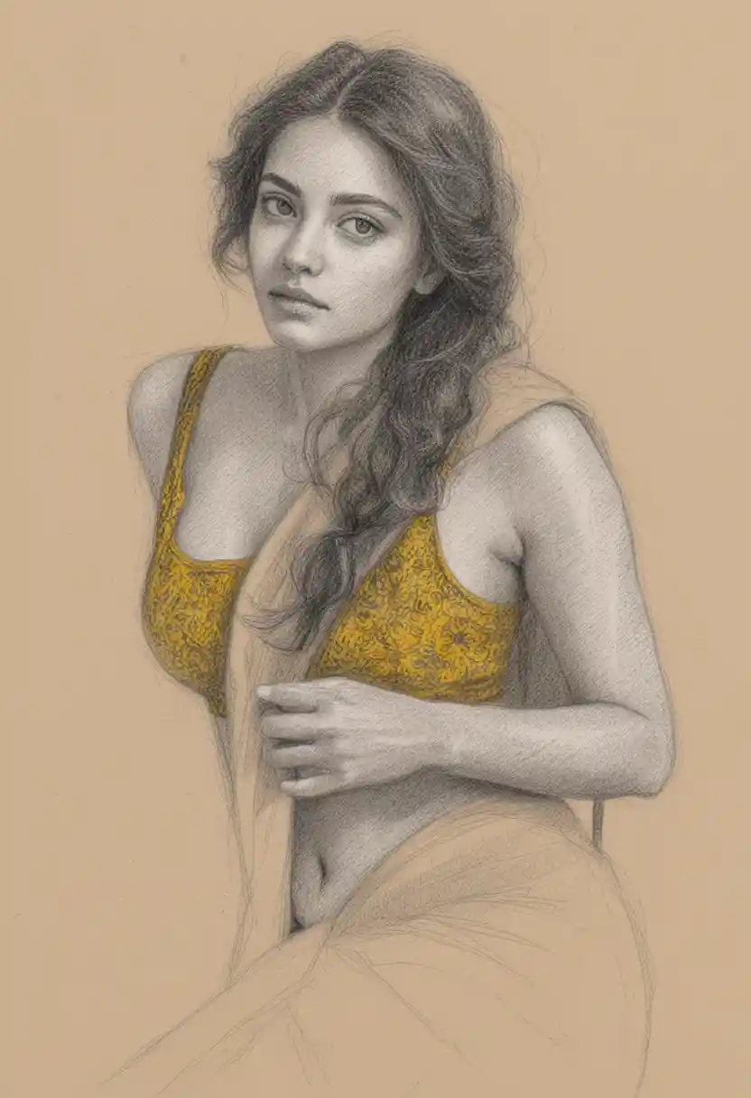 Realistic ink and color portrait of a woman in yellow sari