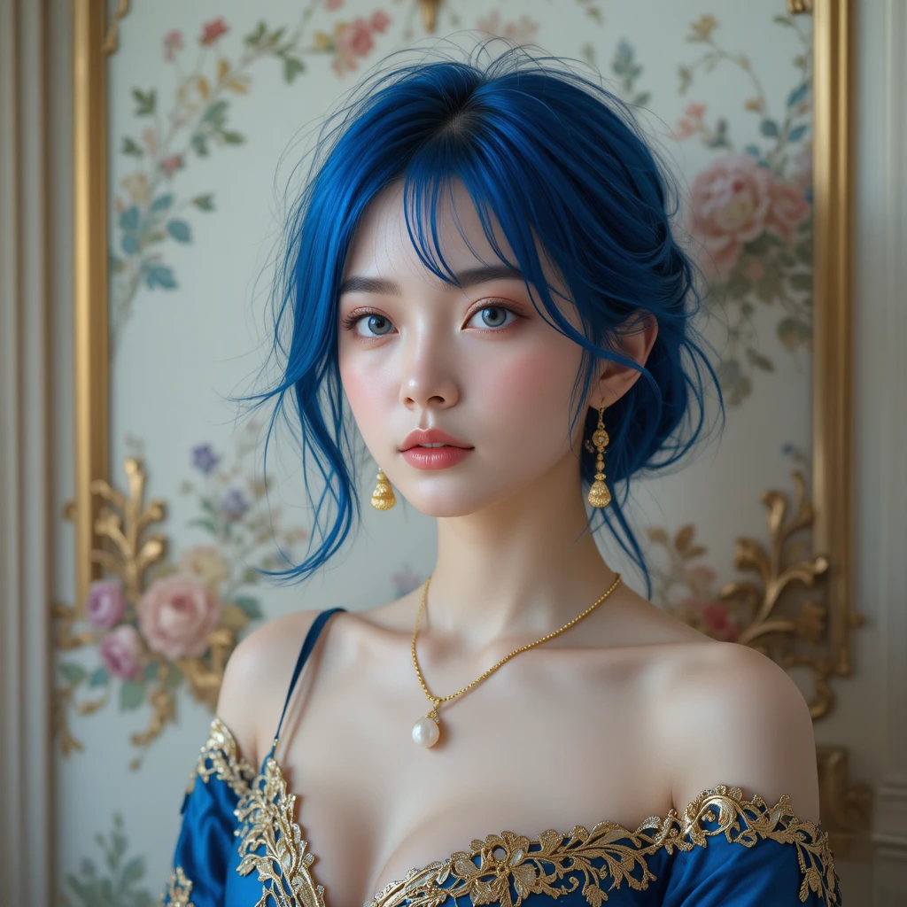 青い髪の少女と華やかな青いドレスのポートレート