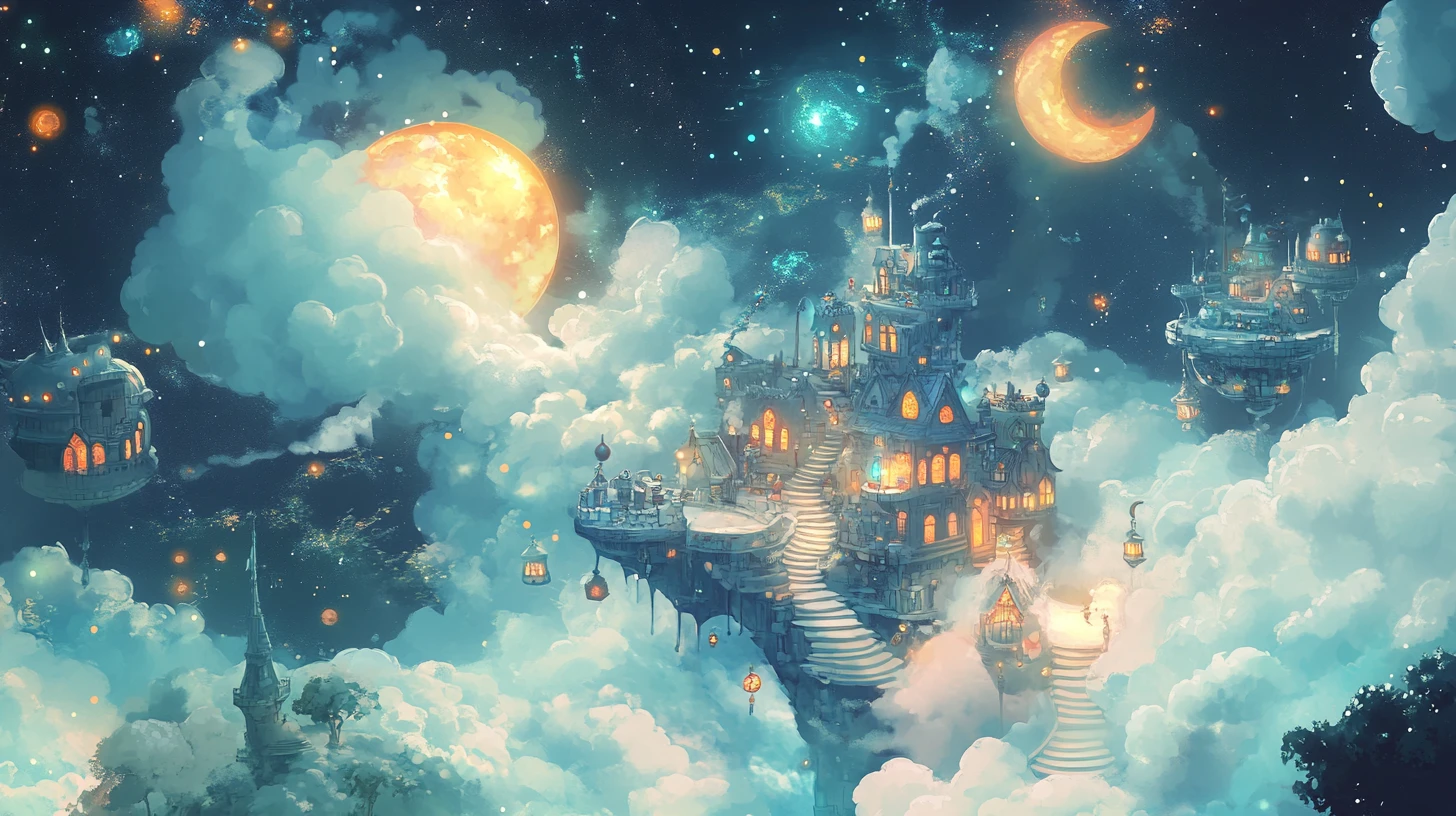 Chibi Characters Floating Through A Surreal Dreamlike Landscape