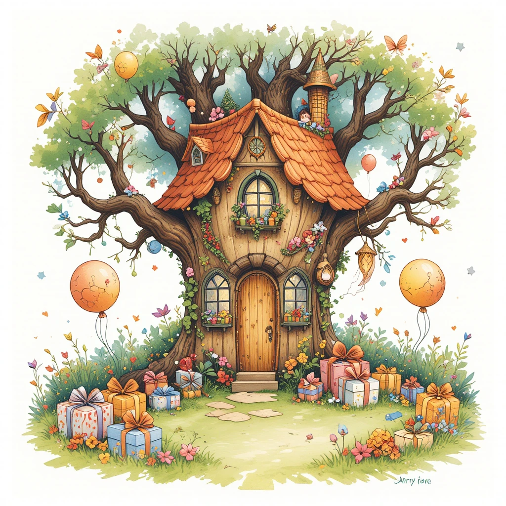 Verspielte Baumhaus-Geburtstagsszene mit Geschenken und Luftballons