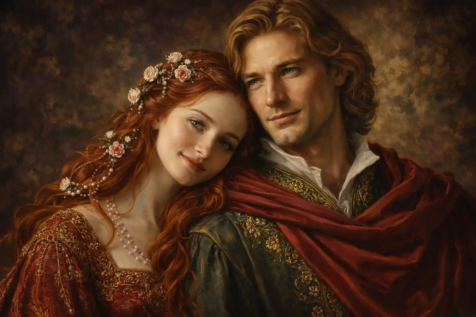 Retrato romântico de casal renascentista em luz suave e radiante