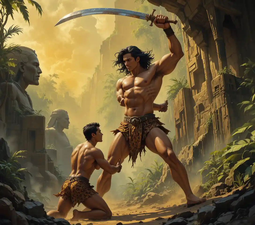 Heroic warriors clash in a primal jungle battle scene