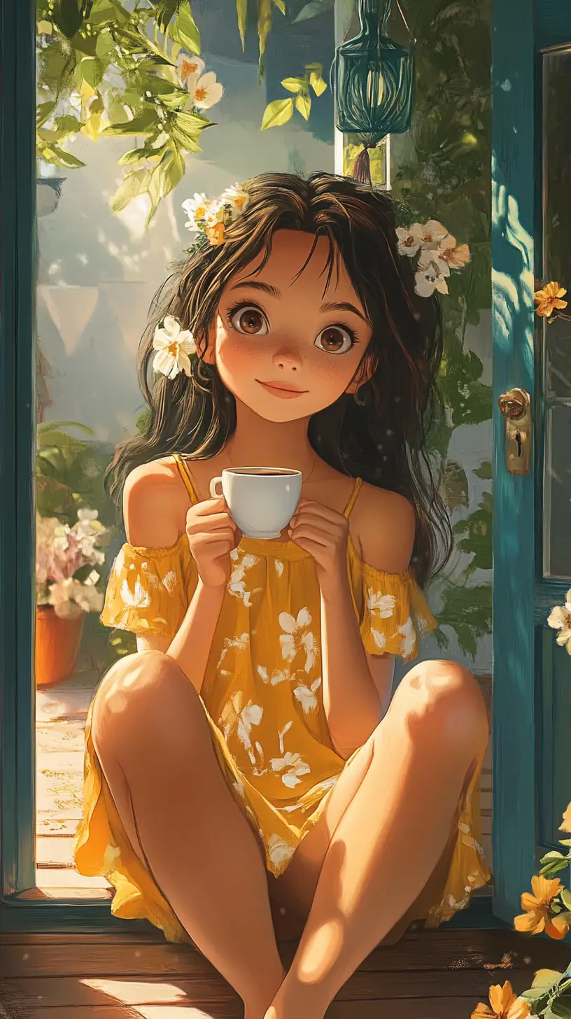 Fille d’anime sur un porche rustique avec café et plantes