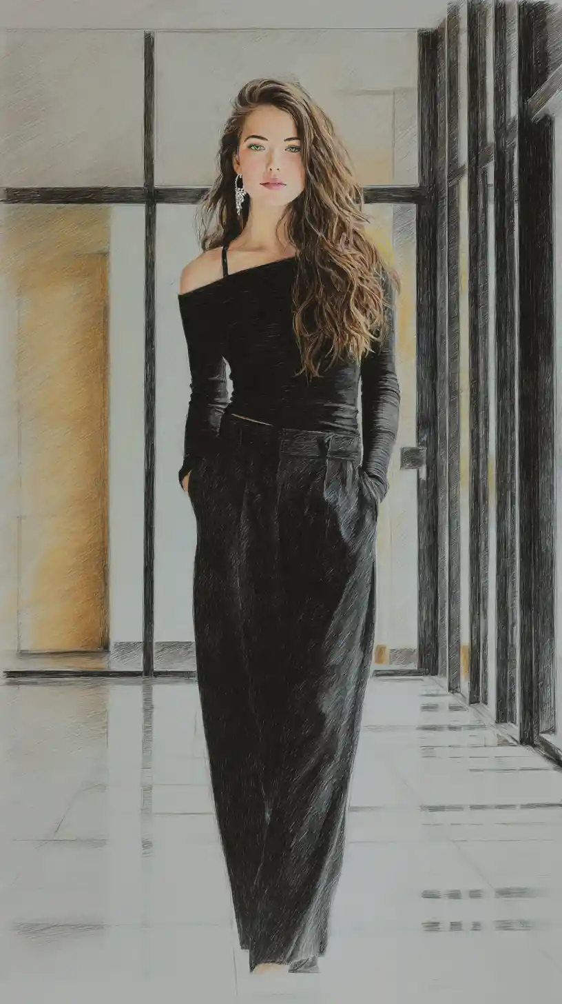 Graphite drawing of a full body woman in modern living room