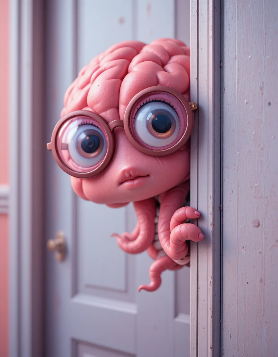 Cute brain creature peeking shyly from behind a door