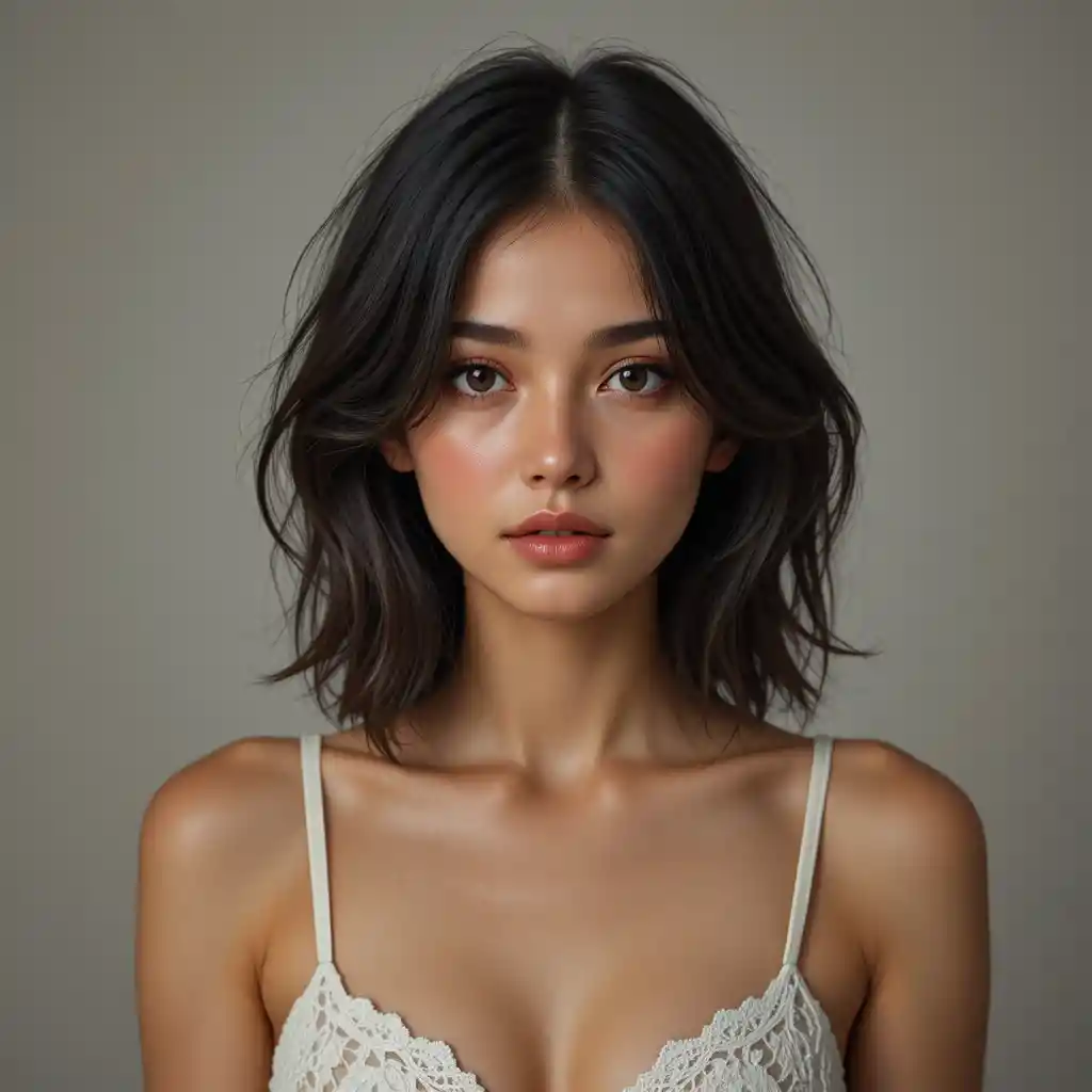 Calm portrait of a young woman in white lace camisole