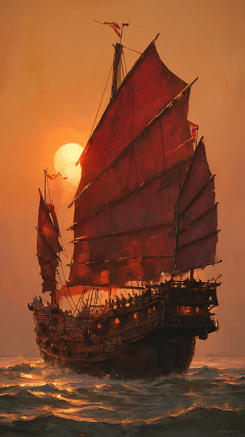 Colossal fantasy warship battles raging seas at sunset