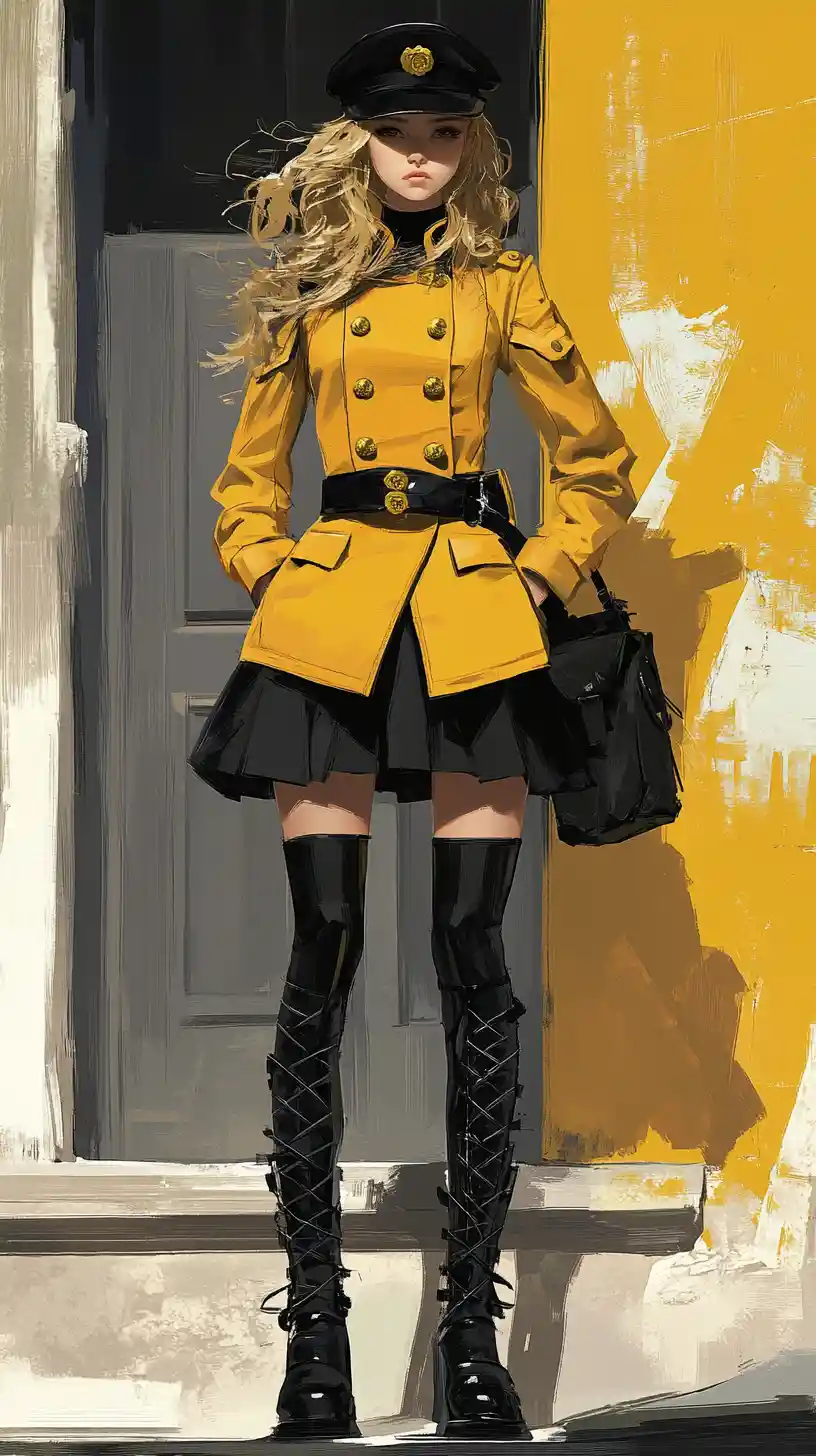 Serious woman in yellow uniform against urban yellow wall