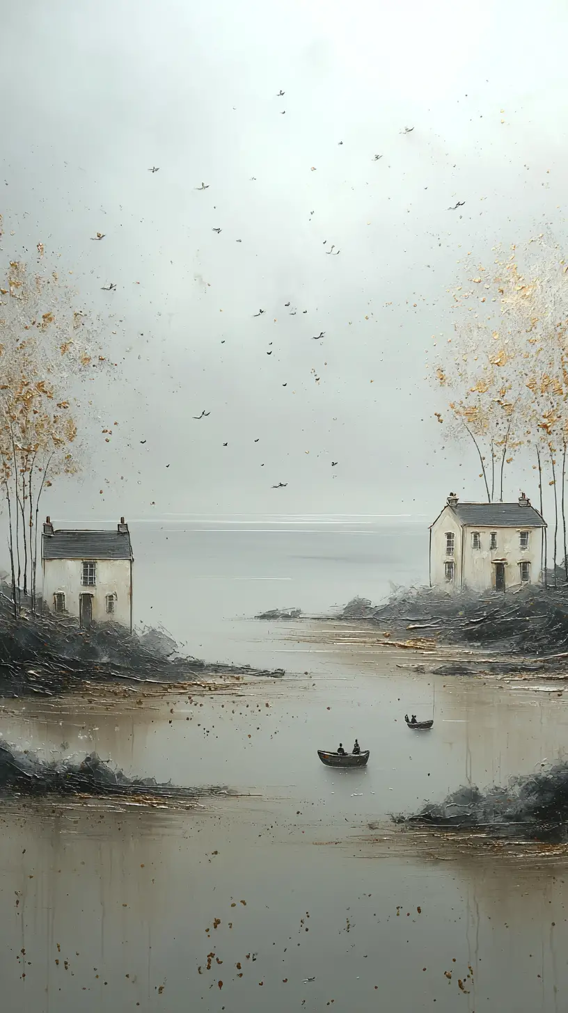 Surreal Chalk Seaside With Cottages And Drifting Boats