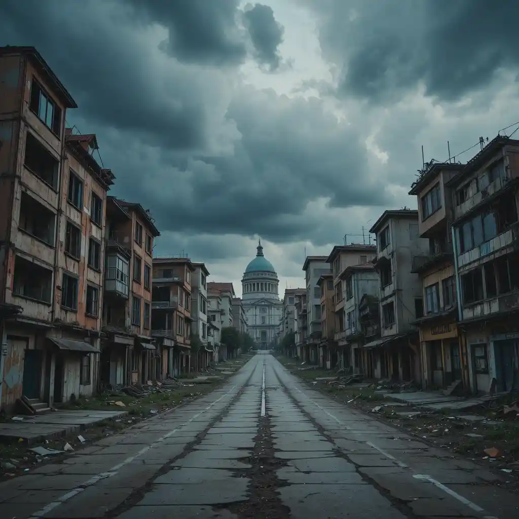 Abandoned City Ruins Under Dark Clouds With Broken Streets