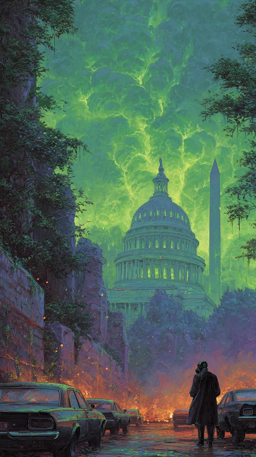 Dystopische Skyline von Washington, D.C. im radioaktiven Zwielicht