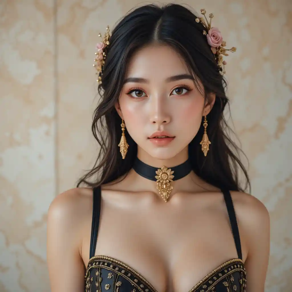 Elegant East Asian woman in black and gold corset portrait