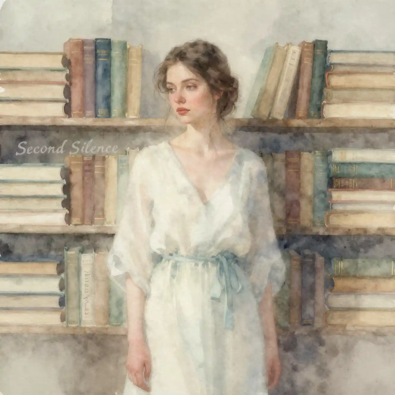 Ragazza ad acquerello che svanisce nel silenzio di una biblioteca solitaria
