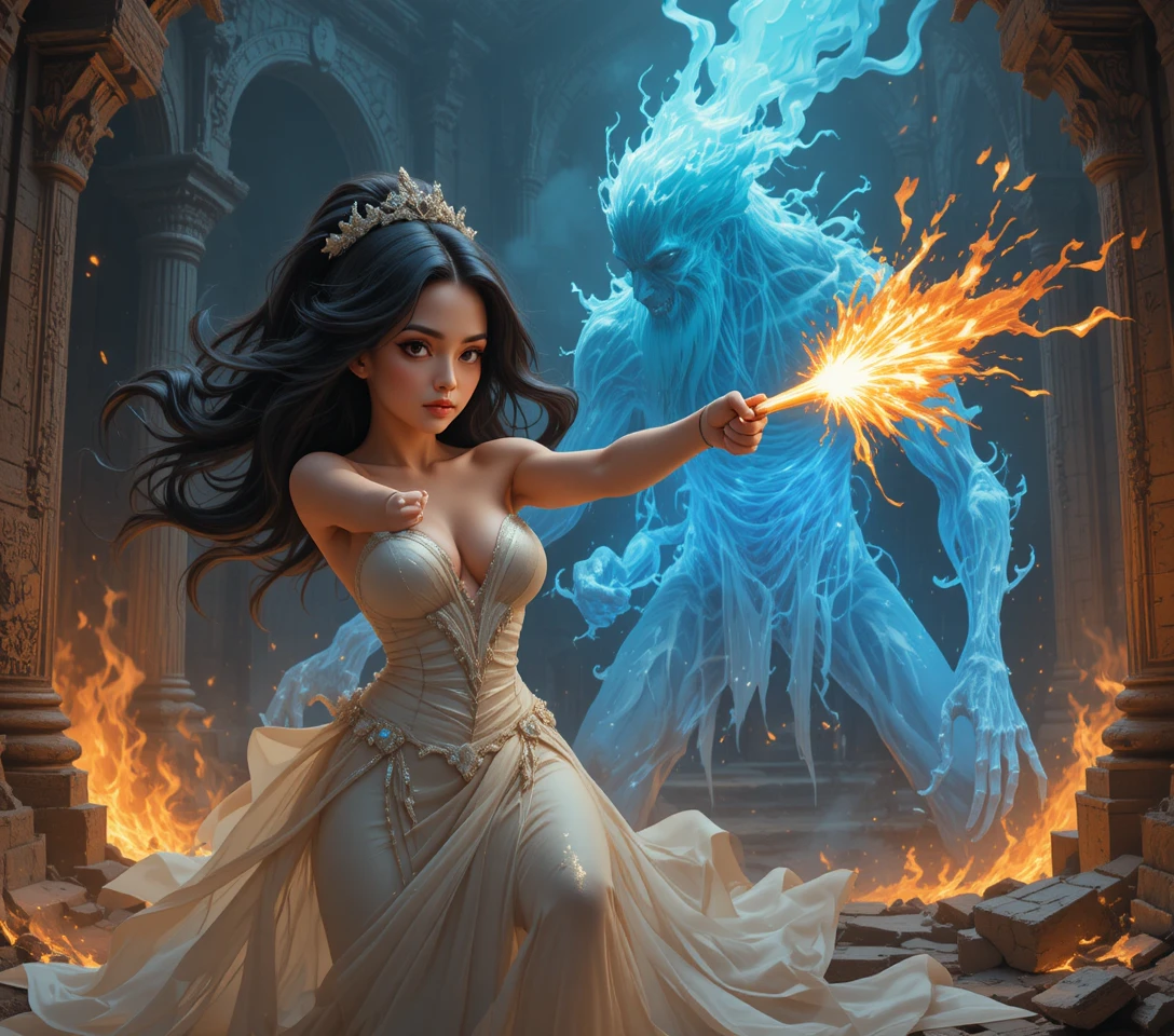Warrior woman strikes a spectral figure in burning temple