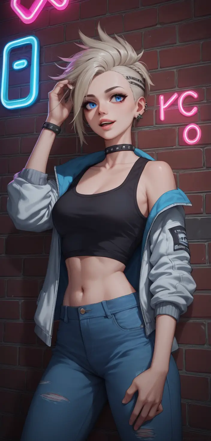 Glamorous punk woman pressed against an urban brick wall