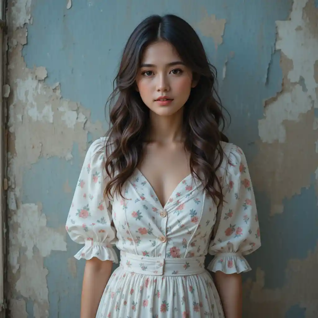 白い花柄ワンピースを着た若い女性の夢のようなポートレート