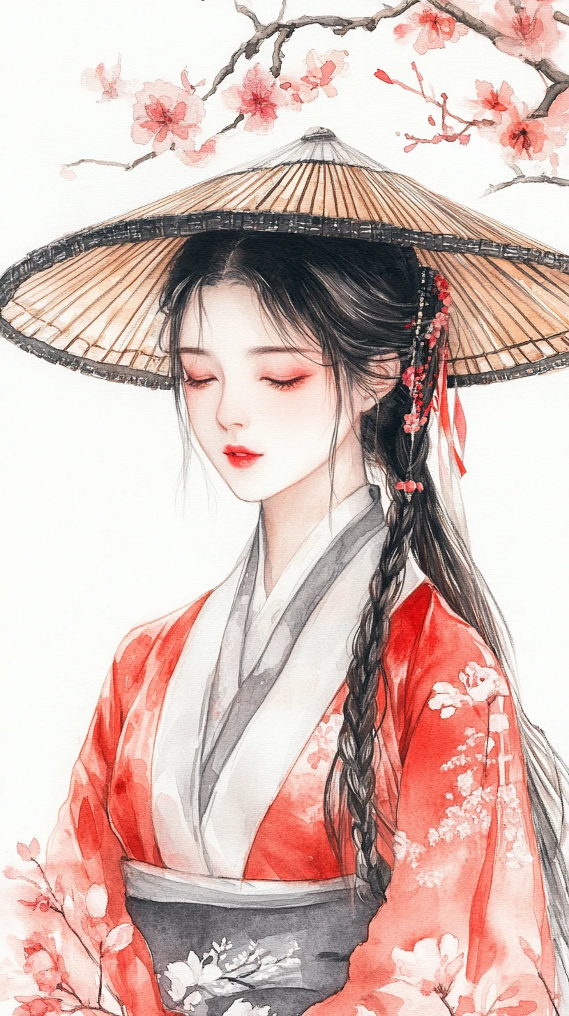 Retrato en acuarela de una mujer asiática con vestido tradicional rojo