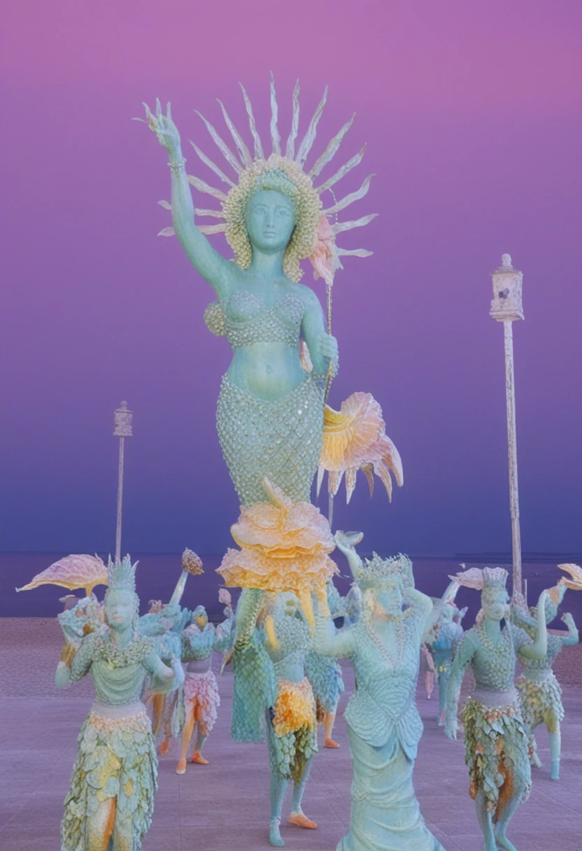 Bailarines coloridos actuando junto a una gigantesca carroza de sirena