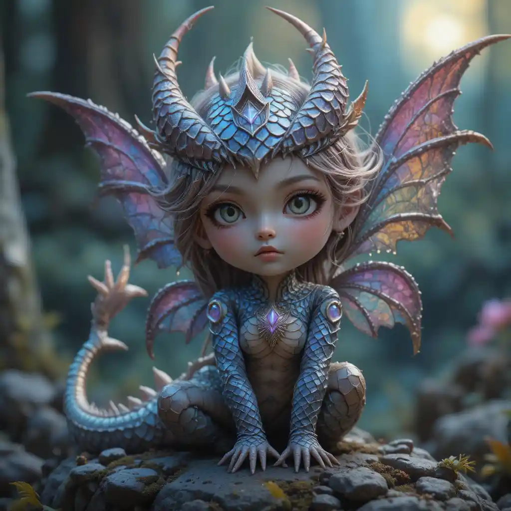 Cute dragon scaled fairy glowing softly in moonlight