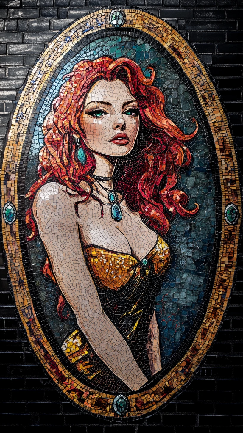 Woman in golden dress at stained glass club doorway