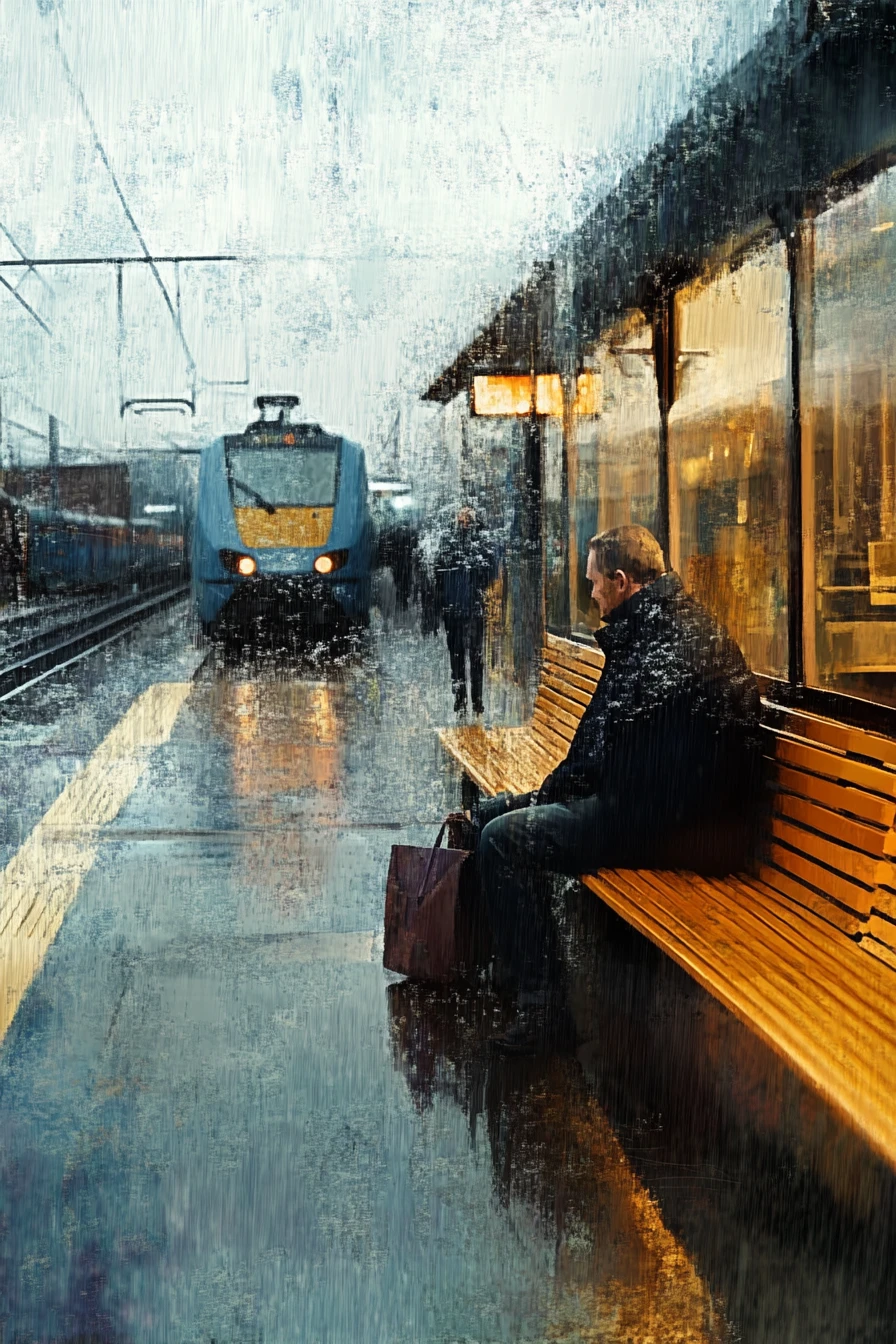 Idoso esperando sozinho em uma plataforma de trem chuvosa no inverno