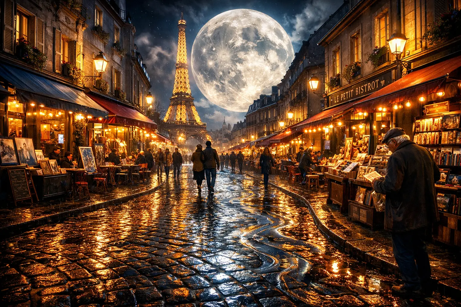 Surreal Parisian street under full moon with eiffel tower