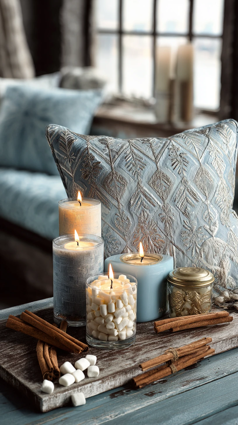 Velas de canela sobre mesa de madera gris con decoración acogedora