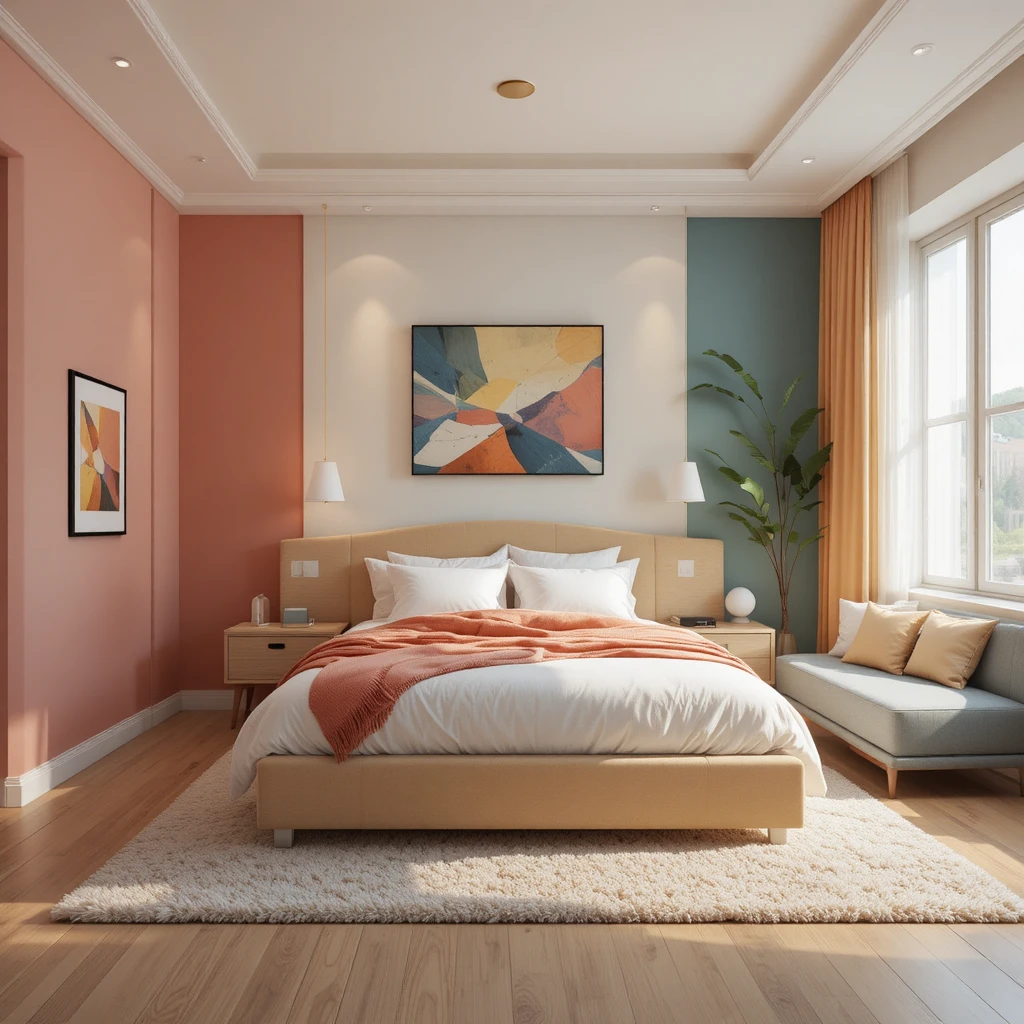 Dormitorio colorido con cama y sofá junto a la ventana