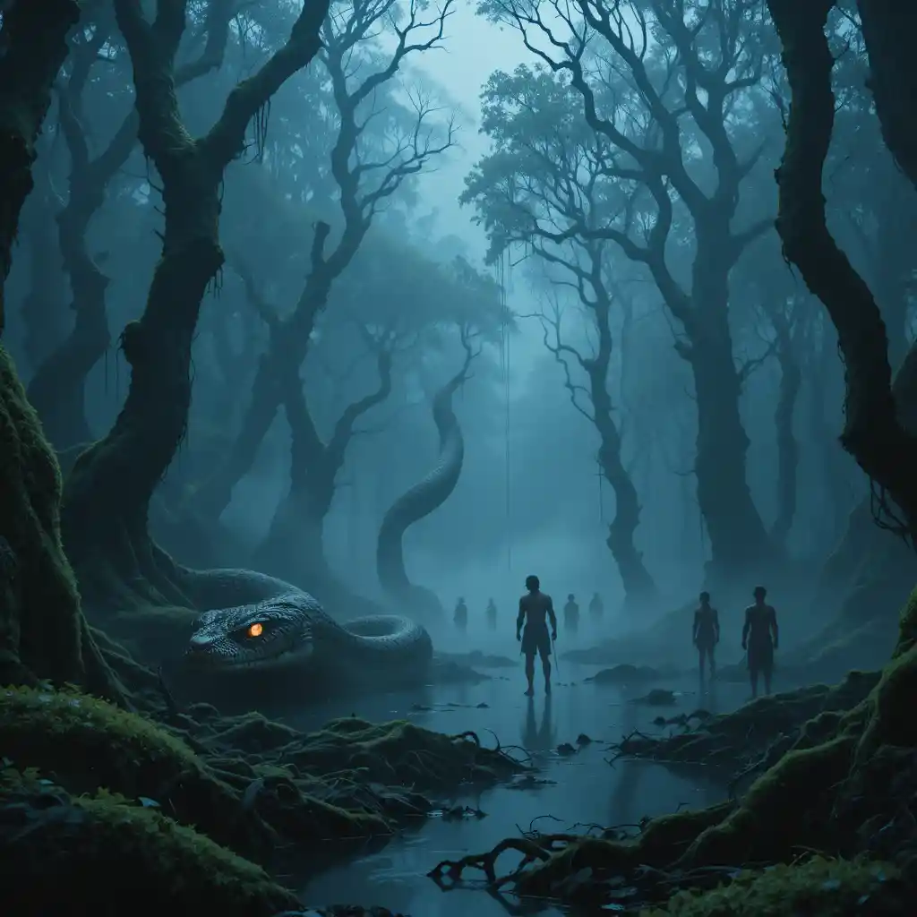 Giant Snake Coiled In A Misty Swamp At Dusk