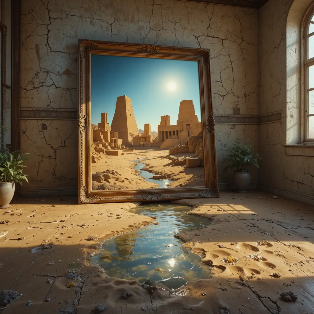 Ancient Egyptian portal spilling into a sunlit old room