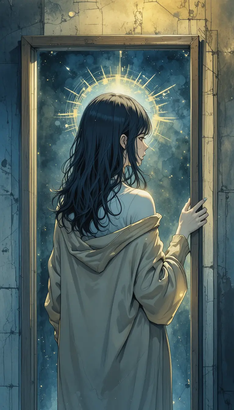 Anime girl at a mirror in a quiet night interior