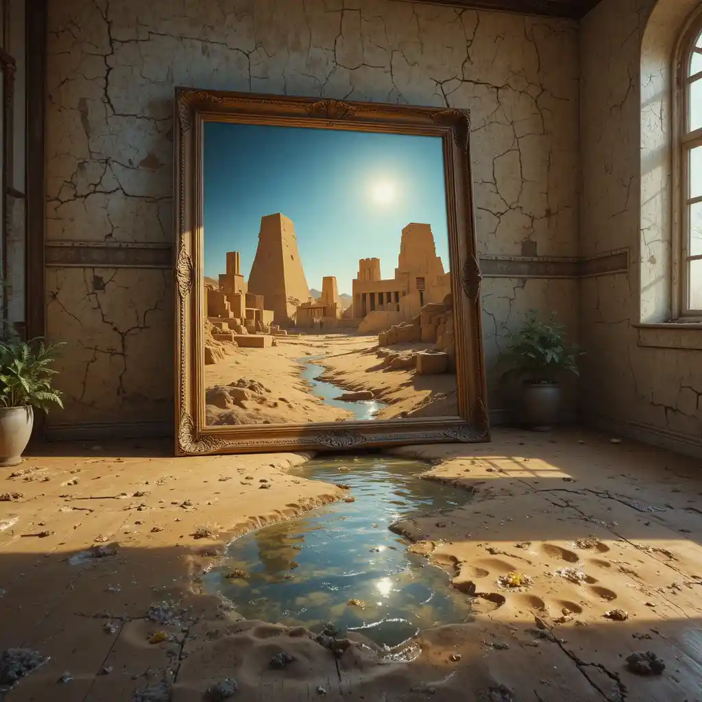 Ancient Egyptian portal spilling into a sunlit old room